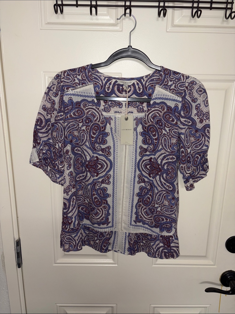Lucky Brand Lavender and Navy Paisley Short Sleeve Blouse